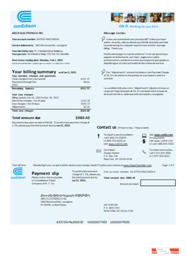 Con Edison electricity utility business bill SCR PSD template